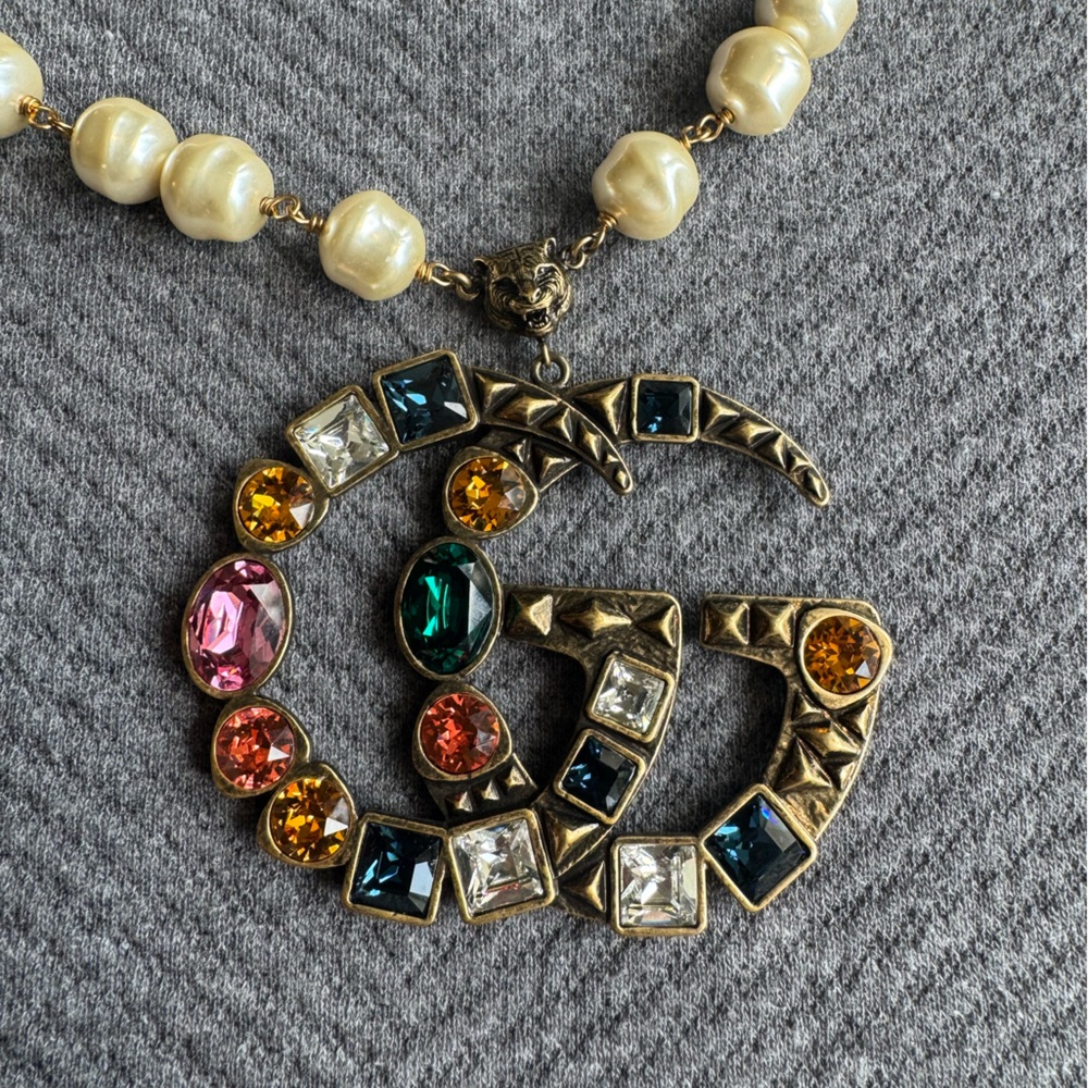 Gucci Gold Pearl Metal Double G Crystal Necklace Women's
